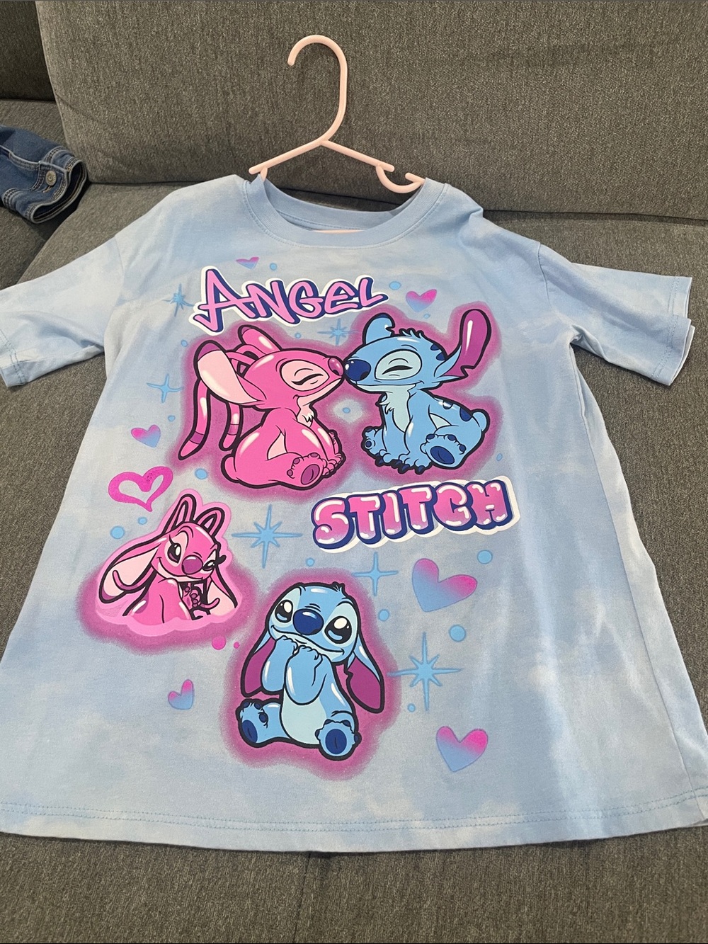 Disney Angel & Stitch Graphic Tee in Light Blue with Pink Accents